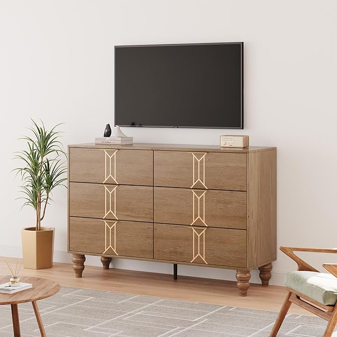 IDEALHOUSE Modern Wooden 6 Drawer Dresser with Vintage Pattern Design, Chest Dresser with Deep Drawers for Bedroom, Living Room and Entryway, Oak and Gold