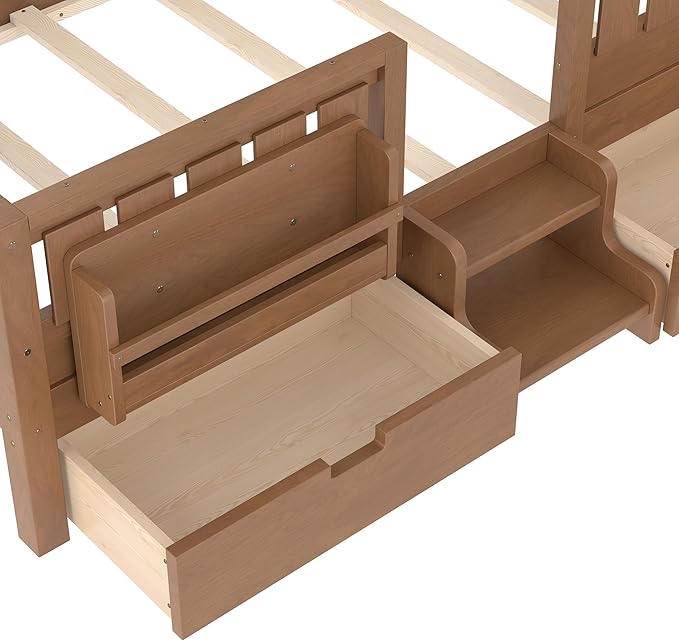 Bellemave Twin Bed with Storage Drawers & Bookshelf, Low Profile Kids Bed Frame with Staircase & Full Length Guardrails, Wood Twin Bed for Kids with Slats Load 300LBS, Easy Assembly, Oak Brown
