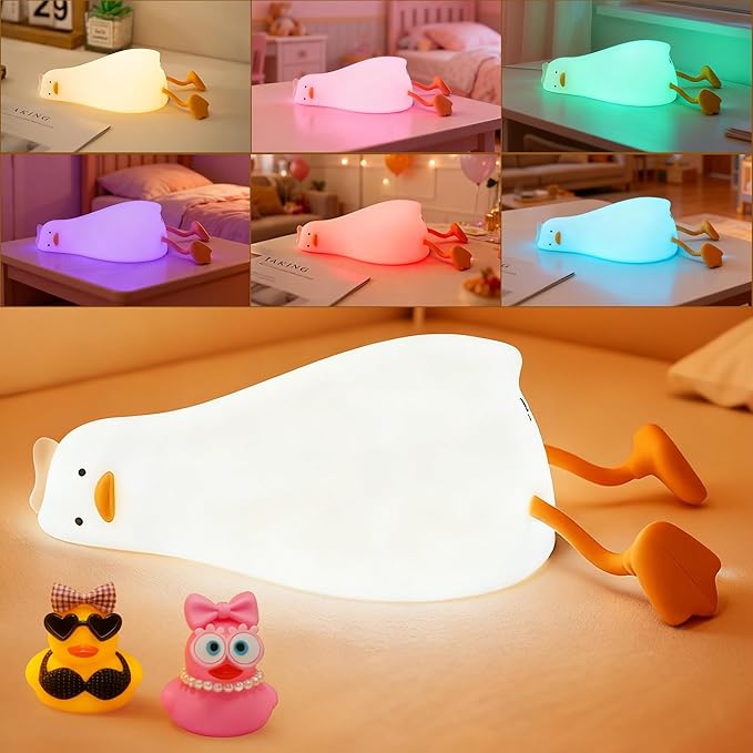 FAMIDUO Squishy Lying Flat Duck Night Light, App & Touch Control Color Changing Silicone Duck Lamp with Blind Box, Rechargeable Cute Nursery Night Light,Dimmable Bedside Light with Timer for Baby Kids