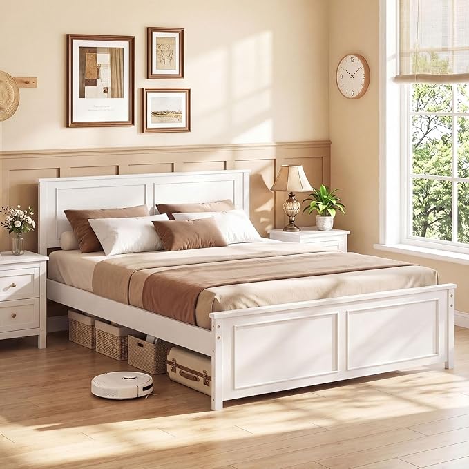 Giantex Wood Full Size Bed Frame with Headboard, Farmhouse Solid Platform Bed w/Wooden Slat Support Mattress Foundation, Under-Bed Storage, No Box Spring Needed, White