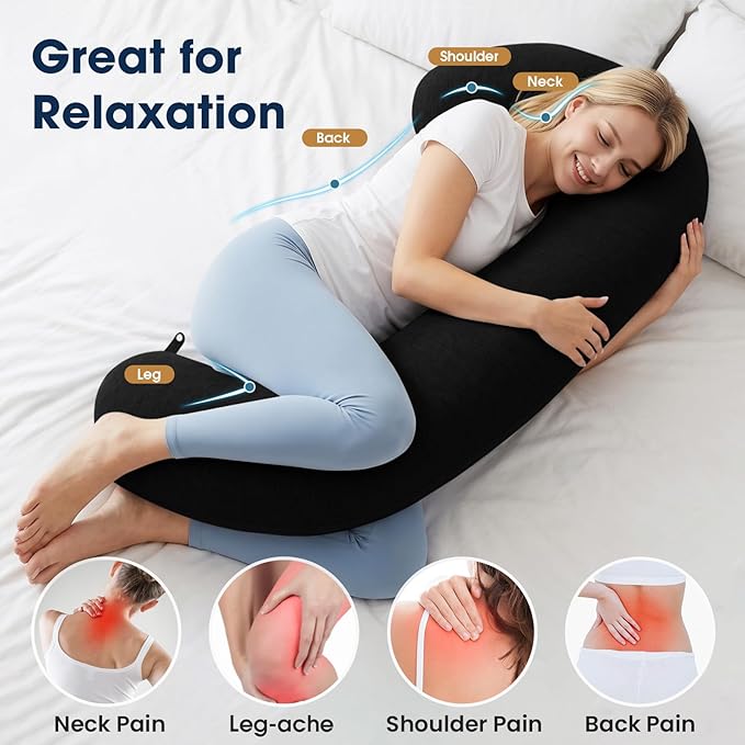 TranquilRelax C Shaped Body Pillow for Side Sleepers, Memory Foam Long Pillow for Leg, Hip & Back Support, Soft Washable Cover,Black-35 * 10"