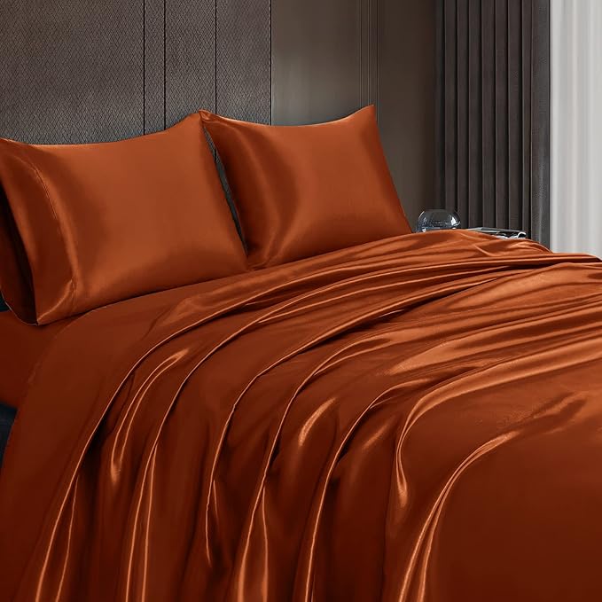 Homiest 3pcs Satin Sheets Set Luxury Silky Satin Bedding Set with Deep Pocket, 1 Fitted Sheet + 1 Flat Sheet + 1 Pillowcases (Twin Size, Burnt Orange)