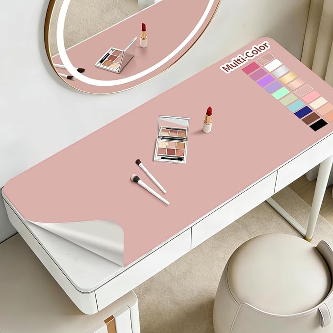 Makeup Mat for Vanity to Protect Desk Top 39.4 x 15.7 in, Dual-Sided Makeup Mat, Easy to Clean Desk Pad - Waterproof and Oilproof Vanity Accessories (Pink and Silver)