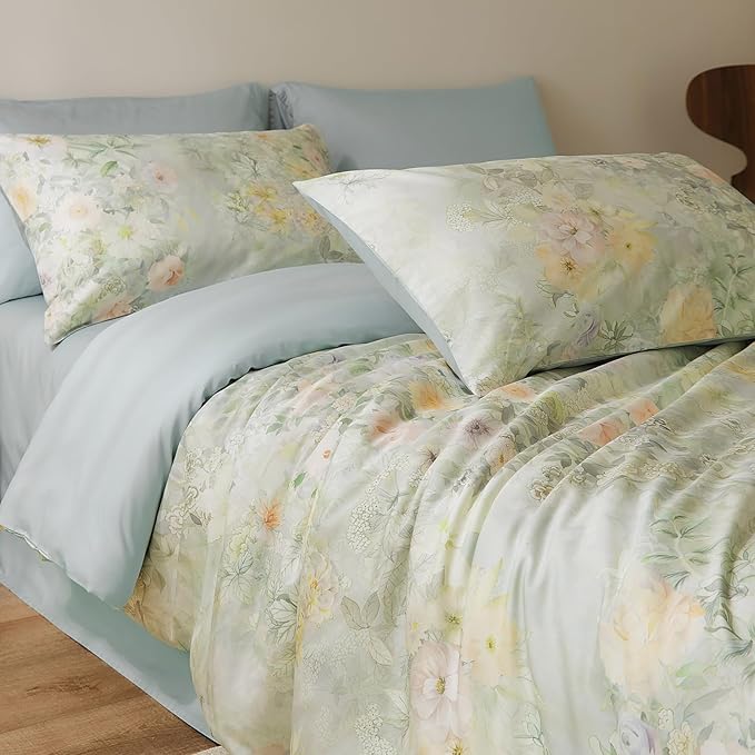 VM VOUGEMARKET French Country Sage Green Duvet Cover Set Queen,Watercolor Floral Print Long Staple Cotton Bedding Set,Shabby Chic Botanical Duvet Cover for Spring & Summer