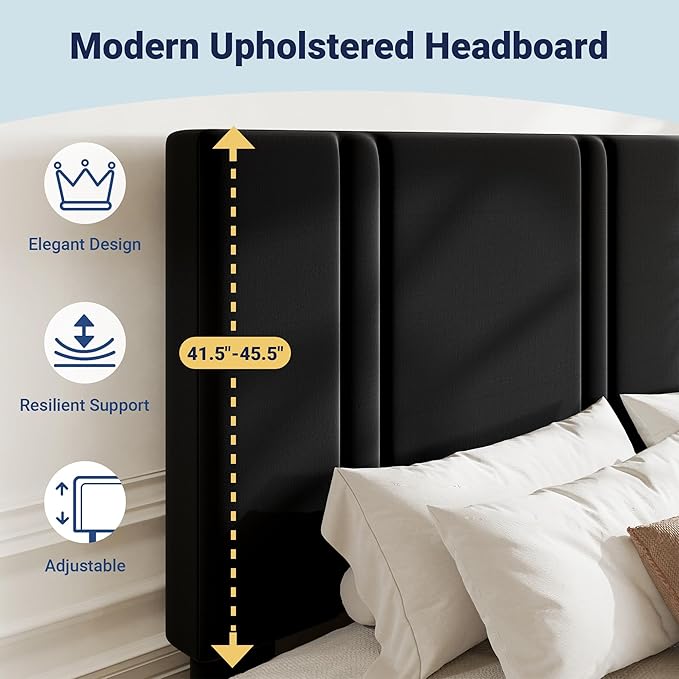 Allewie Full Size Platform Bed Frame with Adjustable Headboard, Plush Velvet Upholstered, Vertical Channel Tufted, Sturdy Wooden Slats, No Box Spring Needed, Easy Assembly, Black