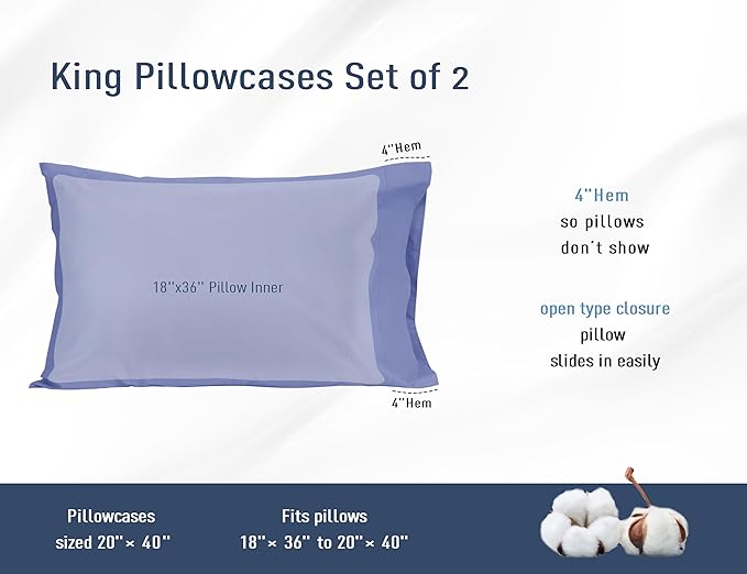 Pillow Cases, King Size Cotton Percale Weave Pillowcases, Pre-Shrunk Breathable and Hypoallergenic Pillowcases, Set of 2 (2 Piece King 20 Inch x 40 Inch, Purplish Blue)