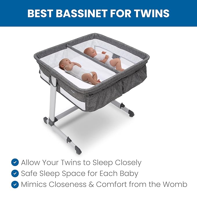 Simmons Kids By The Bed City Sleeper Bassinet for Twins - Adjustable Height Portable Crib with Wheels & Airflow Mesh, Grey Tweed