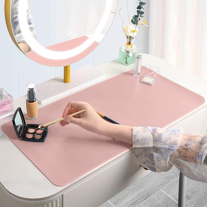 Makeup Mat for Vanity to Protect Desk Top 43.3 x 11.8 in, Dual-Sided Makeup Mat, Easy to Clean Desk Pad - Waterproof and Oilproof Vanity Accessories (Pink and Silver)