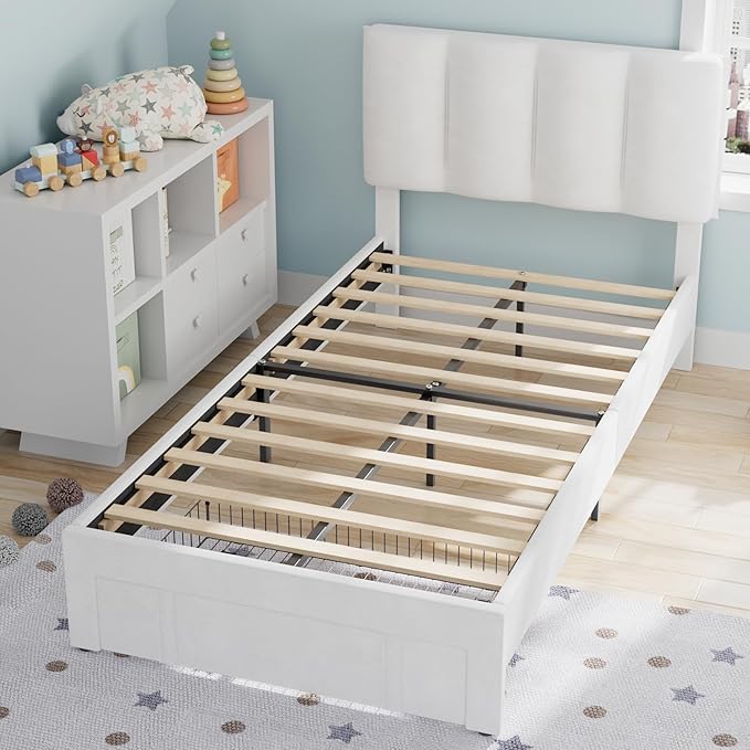 VECELO Twin Bed Frame with Storage Drawer, Heavy-Duty Platform Bedframe with Headboard & Strong Wooden Slats Support, No Boxing Spring Needed, Pure White