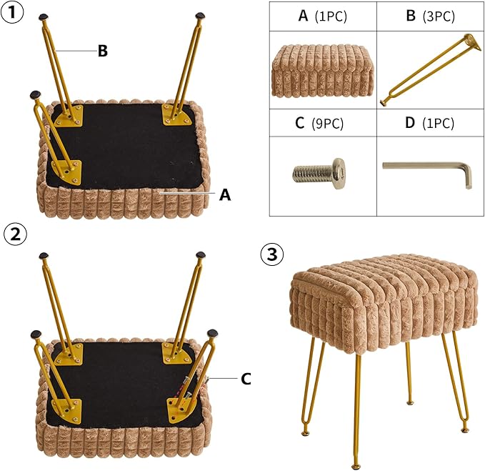 IBUYKE Rectangle Vanity Chair with Storage Space, Footrest Footstool Ottoman, Vanity Stool, Dressing Table Chair, with Anti-Slip Feet, for Makeup Room, Bedroom, Square Grid Pattern, Khaki WBD004K