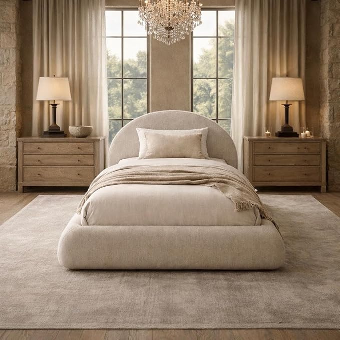 Round Bed – Washable Zip Cover - Upholstered Linen Soft Foam - Modular Minimalist Modern - Half Circle Moon - Sold Sold Separately (Beige Linen Premium, Twin Base)