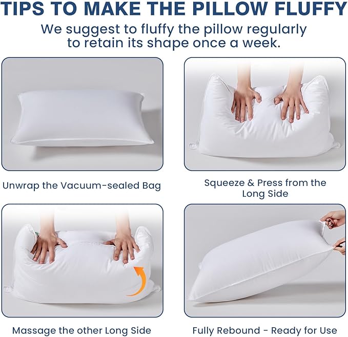Goose Down Pillows Queen Size Set of 4, Hotel Quality Bed Pillow for Sleeping 4 Pack, 900 Fill Power Natural White Goose Feather Pillows with 700 TC 100% Organic Cotton Shell, 18"x30" White