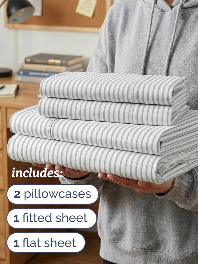 Twin XL 4 Piece Sheet Set - Comfy, Breathable & Cooling - Soft Hotel Luxury Bedding for Women, Men, Kids, Teens & Children - 1 Flat & 1 Fitted Sheet & 2 Pillowcases w/ Deep Pockets - Grey Stripes 2