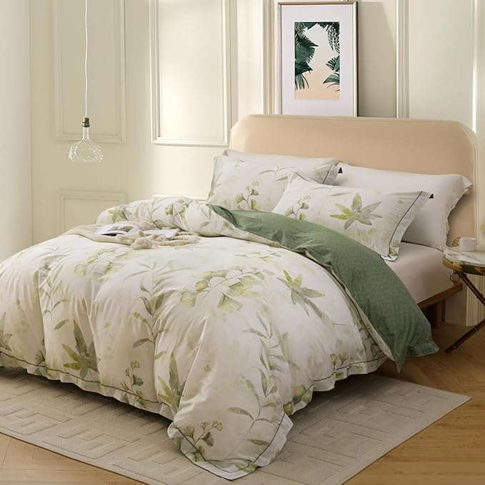 OAITE Duvet Cover Set Queen Size Floral Pattern 500 Thread Count Ultra Soft 100% Cotton Duvet Cover Sets 3-PC, Breathable Duvet Cover with Zipper Closure & Corner Ties