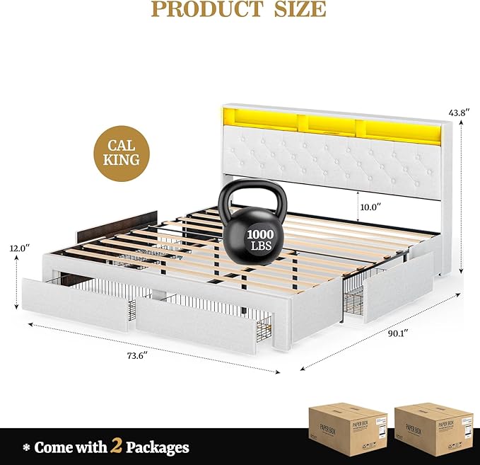 California King Bed Frames with 4 Drawers, Hidden Storage Headboard with LED Lights and Charging Station, Upholstered Cal King Platform Bed, Noise Free, No Box Spring Needed, White