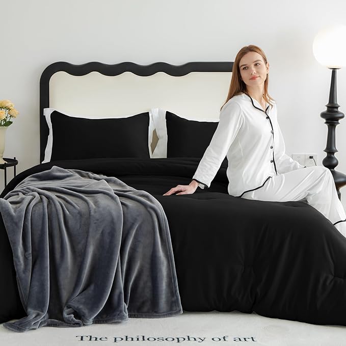 CozyLux Comforter Full Size Set Black, 3 Pieces Solid Lightweight Soft Bed Set for All Season, Luxury Breathable Quilted Style Microfiber Down Alternative Bedding Sets (1 Comforter & 2 Pillowcases)