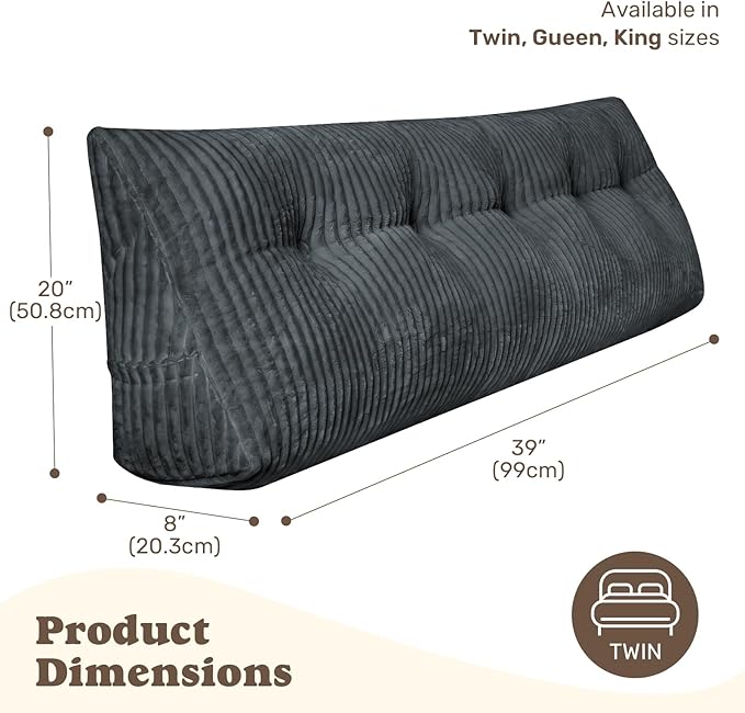 Deodar Headboard Pillow Twin, Wedge Pillows Headboard Triangle Reading Back Pillow with Removable Cover for Dorm Gaming Sleeping TV, Grey