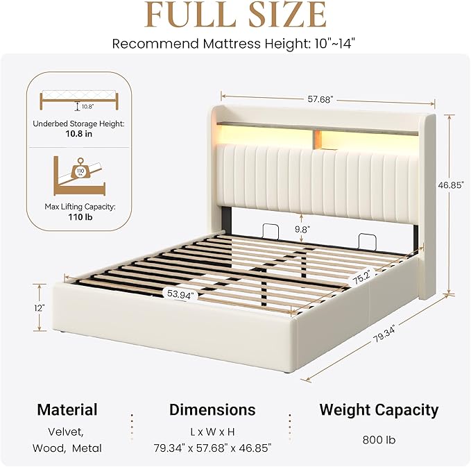 SHA CERLIN Full Size Lift Up Storage Bed Frame/LED Lights/Charging Station/2-Tier Shelves Headboard/USB,Type-C Ports/Velvet Upholstered/Hydraulic Support/No Box Spring Needed/Noise Free/Cream