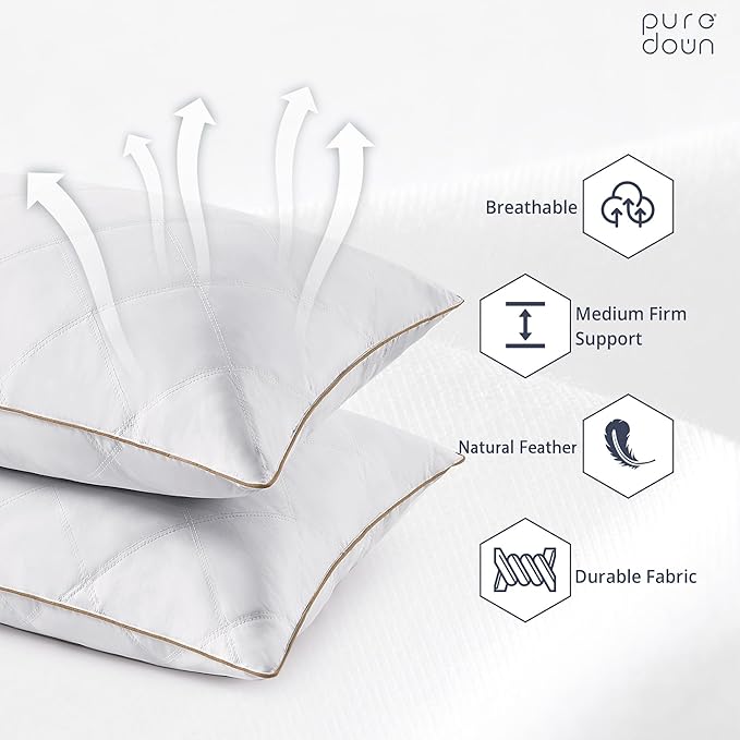 puredown® Goose Feathers and Down Pillow with Diamond Quilting with 100% Cotton Cover, Pack of 2, Standard Size