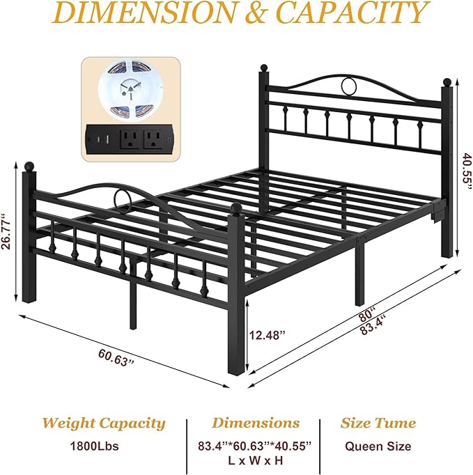 Jenmit Queen Size Bed Frame with Headboard, Metal Platform Bed Frame with Charging Station & LED Lights, Storage Space Under Bed, No Box Spring Needed, Noise Free, Easy Assembly, Black