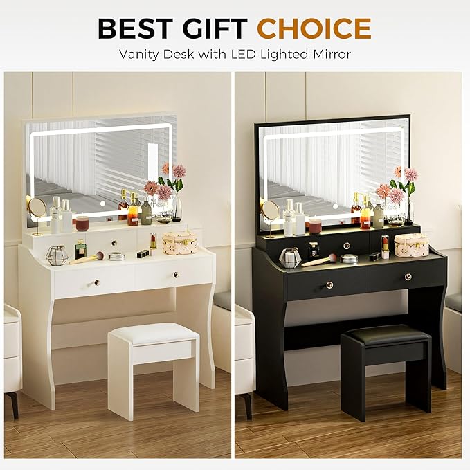 COMHOMA Vanity Desk with LED Lights Mirror & Power Outlet, Small Makeup Vanity Table Set with 5 Storage Drawers, 3 Lighting Modes & Adjustable Brightness, Dressing Table for Women Girls Bedroom, Black