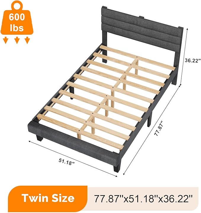 VINGLI Twin Bed Frames for Kids with Headboard, Mattress Foundation with Cozy Linen Upholstered,No Box Spring Needed,Stable Wooden Slats Support, Dark Gray