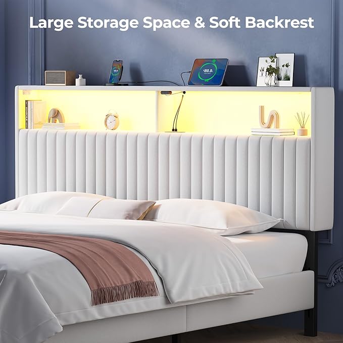 Rolanstar Headboard for King Size Bed with Storage, Head Board with USB & Type C Port, 60,000 DIY Color of LED Light, Velvet Upholstered, Height Adjustable, Sturdy, Easy Assembly, White