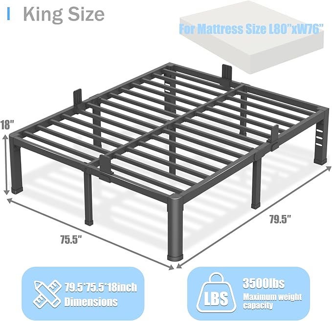 18 inch King Size Bed Frame with Round Corner Legs and Headboard Hole Mattress Slide Stopper 3500 lbs Heavy Duty Metal Platform,Steel Slat Support,No Box Spring Needed,Easy Assembly,Noise Free
