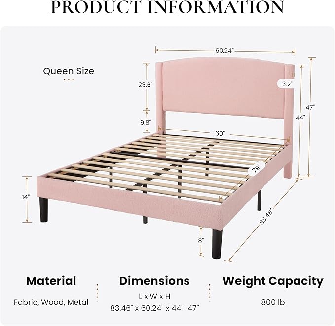 SHA CERLIN Queen Bed Frame with Soft Teddy Fabric, Boucle Upholstered Platform Bed, Curved Headboard Design, Wooden Slats Support, Noise-Free, No Box Spring Needed, Easy Assembly, Pink