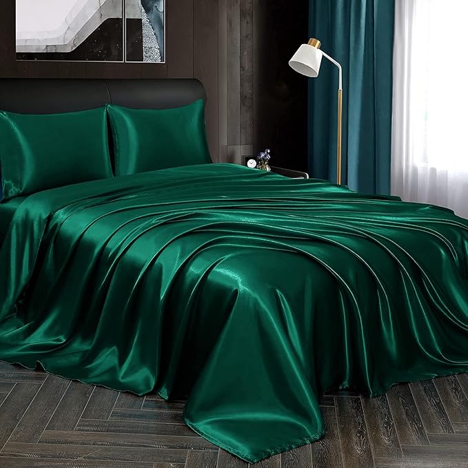 Homiest 5pcs Satin Split King Sheets Sets for Adjustable Bed, Luxury Silky Satin Bedding Set with Deep Pocket, 2 Fitted Sheets + 1 Flat Sheet + 2 Pillowcases (Split King Size, Blackish Green)