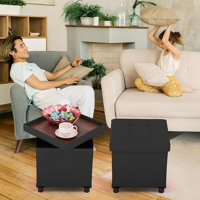 Dorriss Storage Ottoman for Living Room，Square Ottoman with Tray Bedroom Cube Foot Rest Stool with Legs Ottomans Coffee Table Lid Foldable Footstool Faxu Leather 15" Inch(Black)