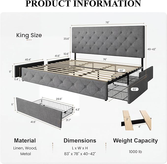 SHA CERLIN Upholstered King Size Platform Bed Frame with 4 Storage Drawers, Adjustable Headboard with Diamond Stitched Button Tufted Design, Wooden Slat Support, No Box Spring Needed, Light Grey