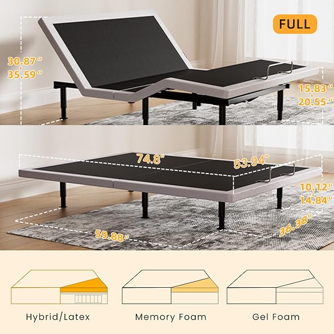 Electric Full Size Adjustable Bed Frame with Wireless Remote, USB, Head & Foot Incline, Underbed Lighting, Heavy Duty Platform - Easy Assembly, Zero Gravity, Quiet Motor - Metal BedFrame