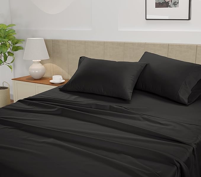 LANE LINEN Queen Size Sheet Set – 450 Thread Count Natural 100% Cotton Sheets, Cooling Bed Sheets, Durable Bedding for Daily Use, Fade Resistant, Snug Fit 15" Deep Pocket Fitted Sheet – Black