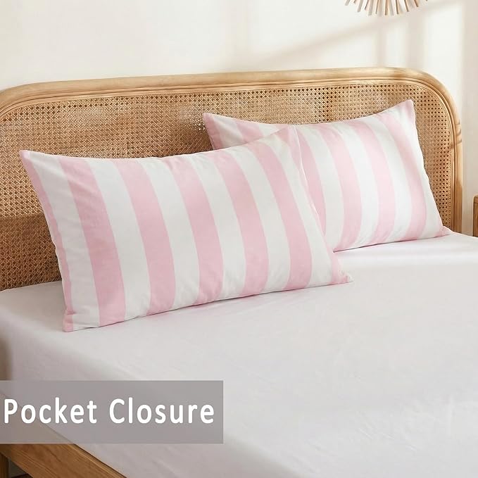 Merryword Standard Size Pillowcases, 100% Cotton Pillow Cases, Pink and White Striped Pillowcases, Soft Breathable Wide Stripe Pillow Covers, Set of 2