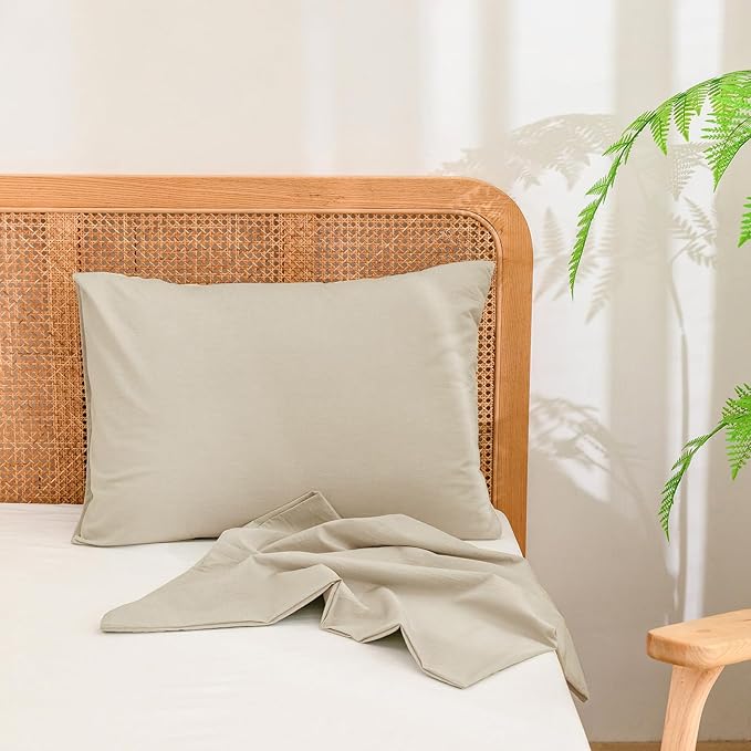 BESTOUCH 100% Washed Cotton Pillowcase for Hair and Skin Linen Feel Soft Comfortable Breathable 2 Set Pillow Case with Envelope Closure Solid Almond Milk Grey Standard 20x26 Inches