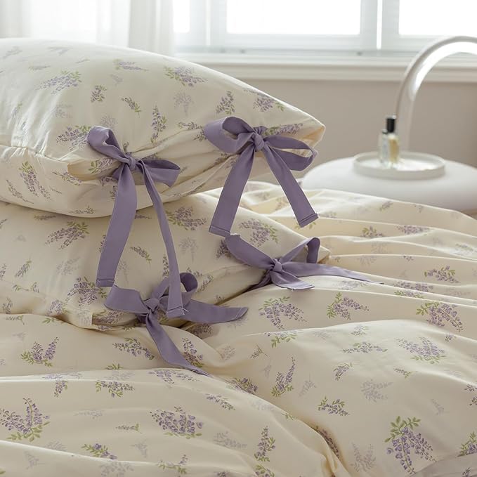 mixinni Cotton Purple Floral Duvet Cover Twin Size Soft Cottage Ribbon Bedding Set Girls Comforter Cover with Zipper 4 Corner Ties for Teenage Girls (1 Duvet Cover + 2 Bowknot Pillowcase)-Twin Size