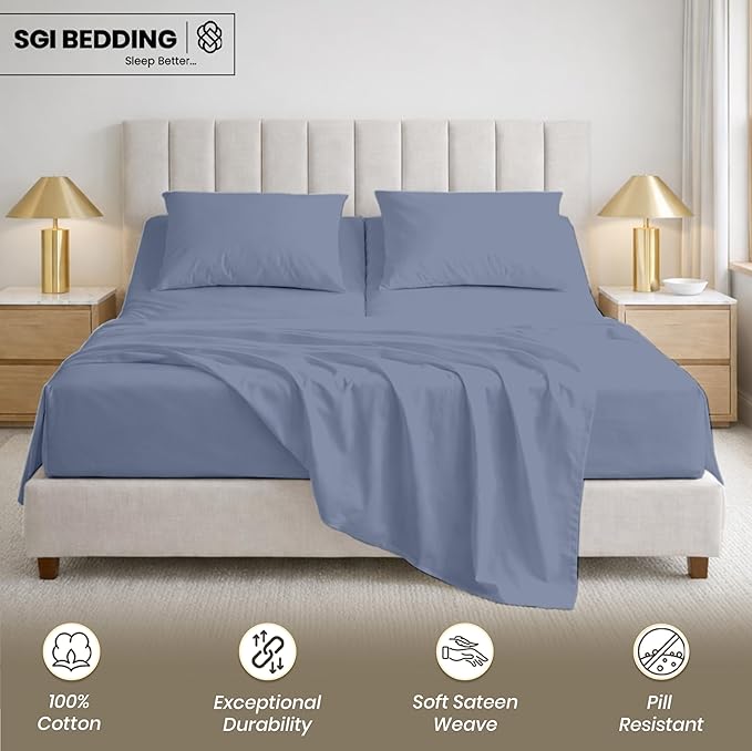 SGI bedding 34" Queen Split Top Flex Head Sheet 100% Egyptian Cotton 1000 Thread Count Flex Top Sheet for Adjustable Bed 4Pc Sheet Set 15" Deep for Sleep Number Bed, Mediterranean Blue