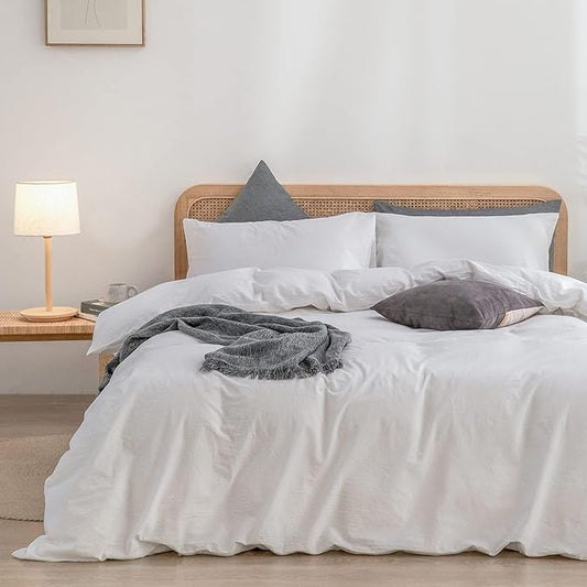 BESTOUCH Duvet Cover Set 100% Washed Cotton Linen Feel Super Soft Comfortable Chic Lightweight 3 PCs Home Bedding Set Solid Bright White Alaska King