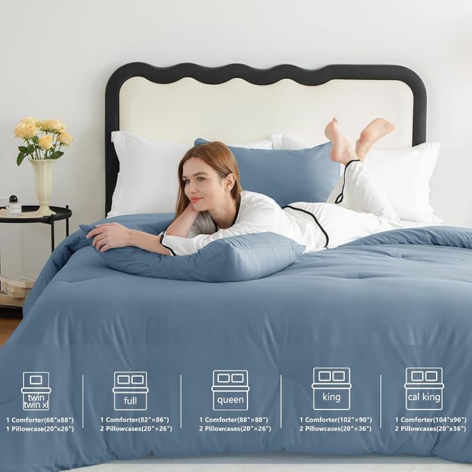 CozyLux Grayish Blue King Size Comforter Set, 3 Pieces Dusty Blue Solid Breathable Quilted Bedding Sets, Luxury Soft Bed Set with Down Alternative Comforter All Season (1 Comforter & 2 Pillowcases)