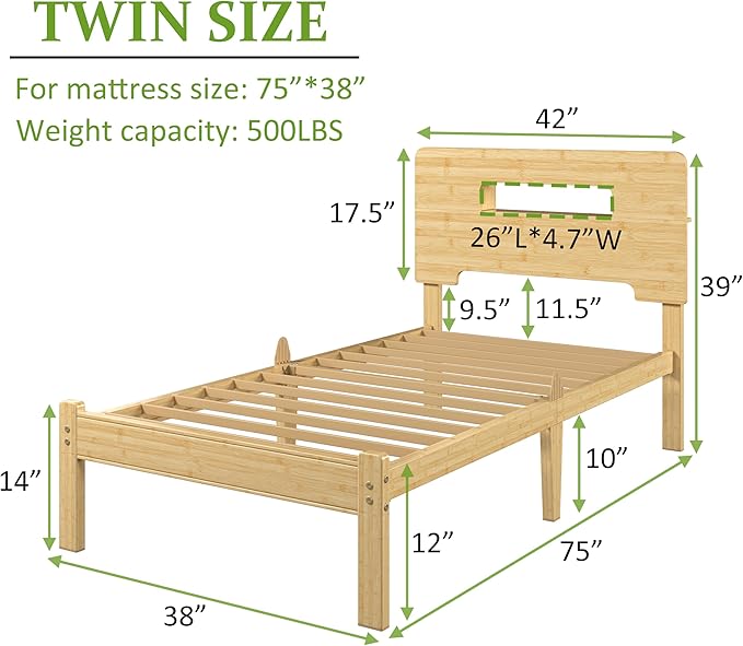 ZIYOO 12 Inch Bamboo Platform Bed Frame Twin Size, Sturdy Bed Frame with Bamboo Frame & Iron Slats, Noise-Free Mattress Foundation No Box Spring Needed, Easy Assembly