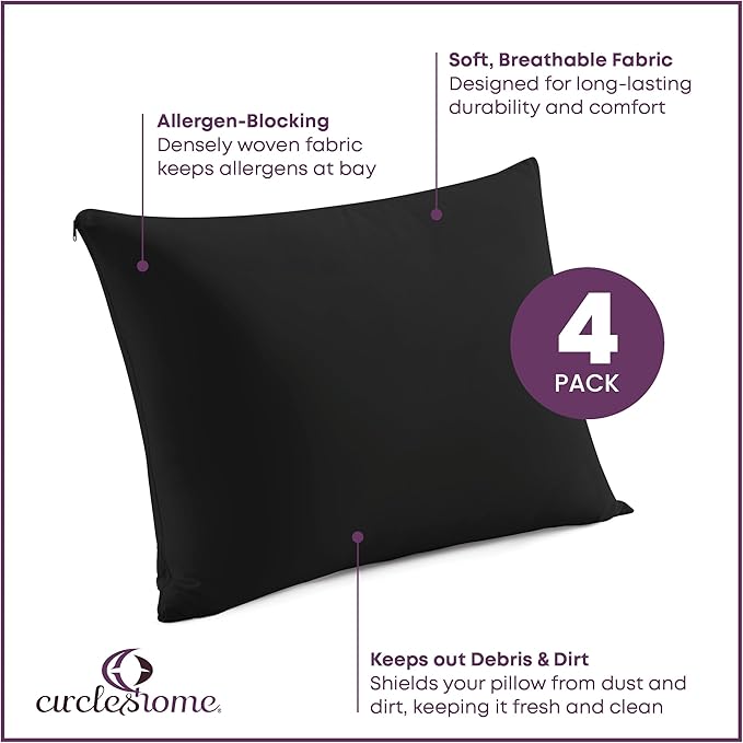 CirclesHome Pillow Protectors 4 Pack Queen Zippered - 100% Cotton Breathable Pillowcases - Protects Pillows from Dirt, Dust and Debris (Queen- Set of 4 - 20x30)