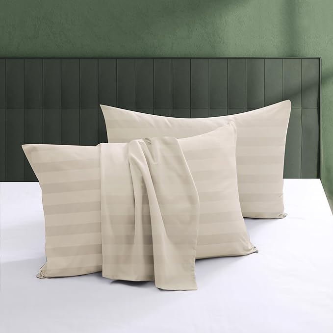 100% Egyptian Cotton Pillow Protectors Set of 2, 600 Thread Count Standard Size Bed Pillow Cases with Zipper, Sateen Weave Cooling Pillow Cover Quiet and Breathable Easy Care (2PCS,Stripe-Beige)