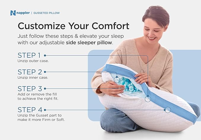Nappler Side and Back Sleeper Pillow for Neck and Shoulder Pain Relief - Shredded Memory Foam Bed Pillow for Sleeping - 100% Adjustable Fill - Standard Size Modal Washable Case. Extra Fill Included