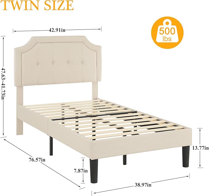 VECELO Twin Upholstered Platform Bed Frame with Adjustable Button Stitched Panel Headboard,Strong Wood Slat Support,Velcro Design,Mattress Foundation/Easy Assembly,Light Beige