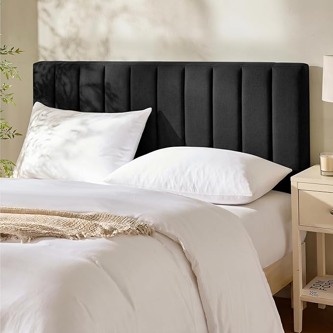 Hearth & Harbor Upholstered Full Headboard - Easy Assemble Channel Stitched Headboard Full Size - Wall Mounted Headboards with 3D Soundproof Wall Panels Peel & Stick Floating Headboards, Black