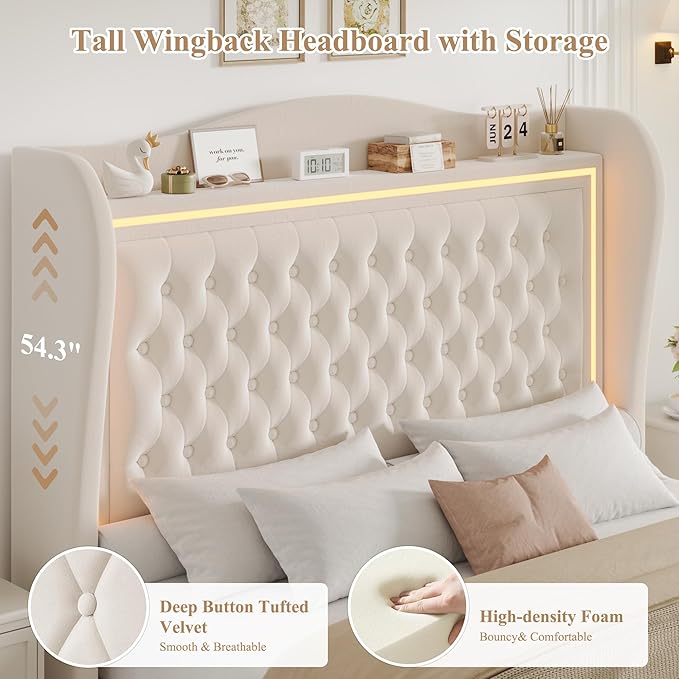Queen Bed Frame 55" Tall Headboard with LED Lights, Buttons Tufted Velvet Upholstered Platform Bed Frame with 2 Storage Drawers, Wood Slats Support Mattress Foundation, No Box Spring Needed, Beige