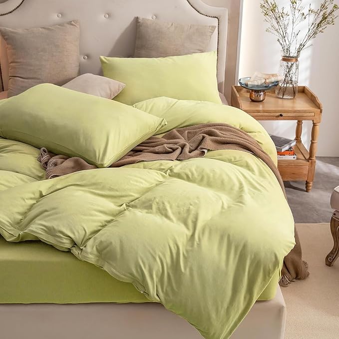 PURE ERA Jersey Knit Duvet Cover Set 100% T-Shirt Cotton Super Soft Comfy 2pc Bedding Set with Zipper Closure (Yellow Green, Twin)