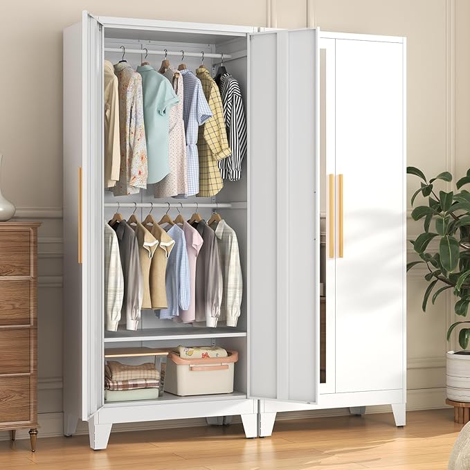 72" Tall Metal Armoire Wardrobe Closet - Large Clothing Storage Cabinet with Mirror Doors, 2 Hanging Rod & Adjustable Shelve - Closet Organizer for Bedroom, Office, Laundry Room, Garage - White