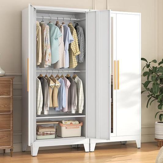 72" Tall Metal Armoire Wardrobe Closet - Large Clothing Storage Cabinet with Mirror Doors, 2 Hanging Rod & Adjustable Shelve - Closet Organizer for Bedroom, Office, Laundry Room, Garage - White